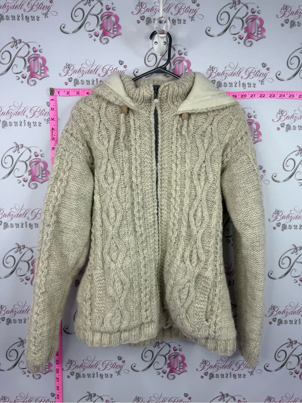 LAUNDROMAT wool jacket thick warm Cream Cable Knit Zip-Front Hooded Sweater